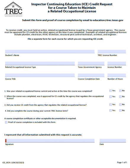 ICE Credit Request For A Course Taken To Maintain A Related Occupational License